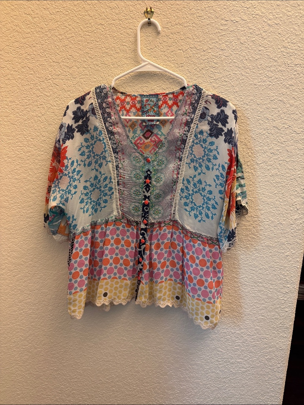 Johnny Was Patchwork Multicolor V-Neck Women's Top
